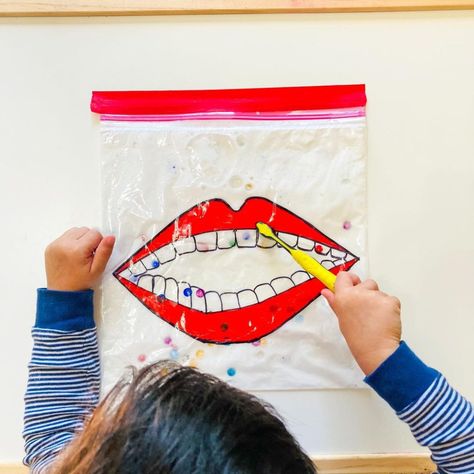 Dental Week Activities For Toddlers, Brushing Teeth Activities, Toddler Valentine Crafts, Teeth Brushing, School Age Activities, Sensory Bag, Sensory Bags, Kids Teeth, Sensory Activities Toddlers