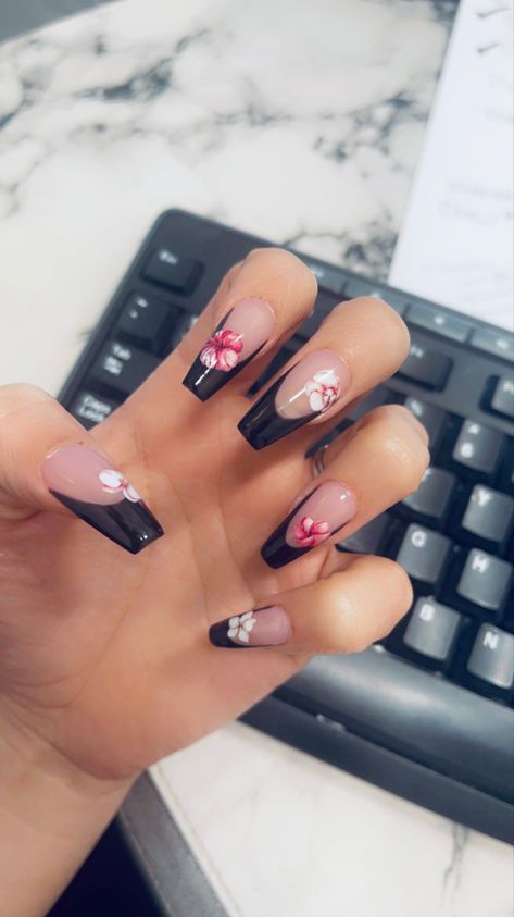 Black Nails With Cherry Blossom, Black French Tip Coffin, French Tip Coffin, Future Nails, Black French Tip, Ombre Acrylic, Black French Tips, Ombre Acrylic Nails, Inspired Nails