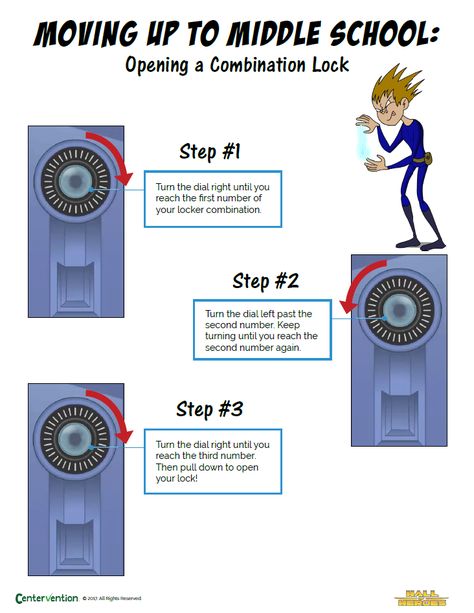 handy printable with directions for opening middle school locker - middle school counselor printable School Counselor Printables, Transition To Middle School, Middle School Lockers, Middle School Counselor, Middle School Survival, School Counseling Activities, Middle School Hacks, School Transition, School Locker