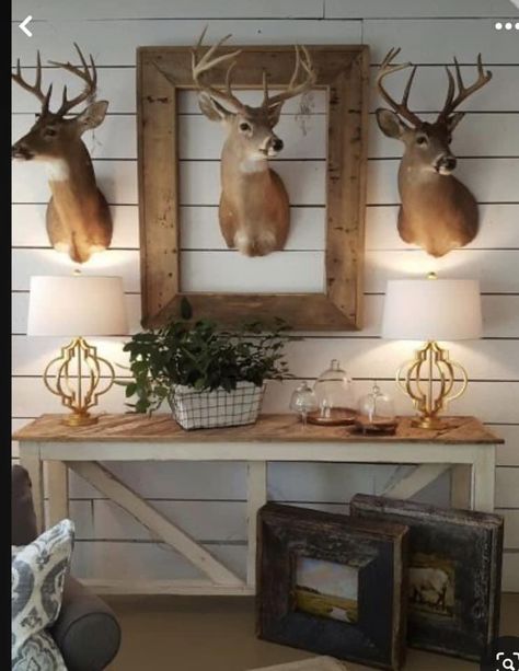 Deer Display Ideas, Hunting Cabin Living Room, Deer Decor Living Room, Deer Mounts In Living Room Farmhouse, Hunting Lodge Kitchen, Deer Mounts In Living Room, Lodge Kitchen Decor, Hunting Camp Decor, Hunting Decor Living Room