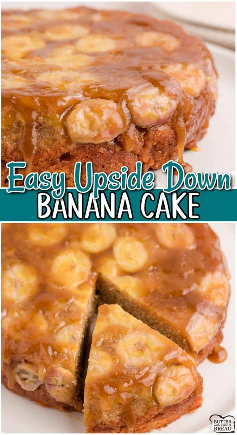 BANANA UPSIDE DOWN CAKE - Butter with a Side of Bread Upside Banana Cake, Up Side Down Banana Cake, Uses For Old Bananas Recipes, Southern Banana Cake, Banana Upside Down Bundt Cake, Banana Deserts Easy, Fun Banana Recipes, Banana Upside Down Cake With Box Cake, Deserts With Banana