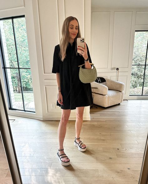 Dress And Sandals Outfit, Black Platform Sandals Outfit, Black Shirt Dress Outfit, Platform Sandals Outfit, Mood 2024, Dress And Sandals, Woven Clutch, Shirt Dress Outfit, Black Platform Sandals