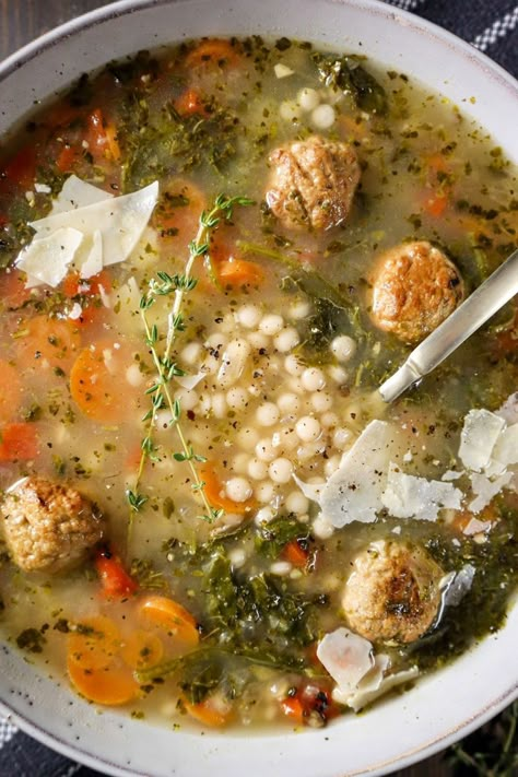 Pearl Couscous Soup, Sausage White Bean Soup, Couscous Soup, Sausage White Bean, Fresh Carrots, Pearl Couscous, Leftovers Soup, Soup And Stew Recipes, Wedding Soup