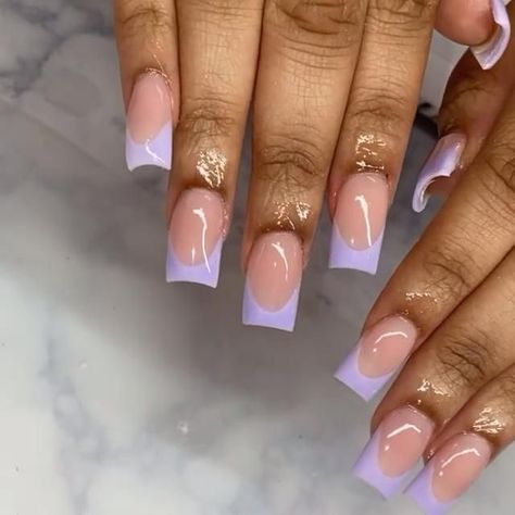 Shorties Nails Purple, Sqaure Nails, White Press On Nails, Purple French, Nail Gems, Purple Acrylic Nails, Sns Nails, Long Acrylic Nail Designs, Glass Nail