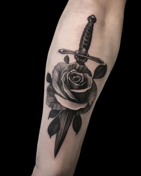 Dagger Traditional Tattoo, Rose Dagger Tattoo, Roos Tattoo, Rose And Dagger Tattoo, Traditional Dagger Tattoo, Anatomical Tattoos, Park Images, Rose And Dagger, Rose Tattoo Forearm