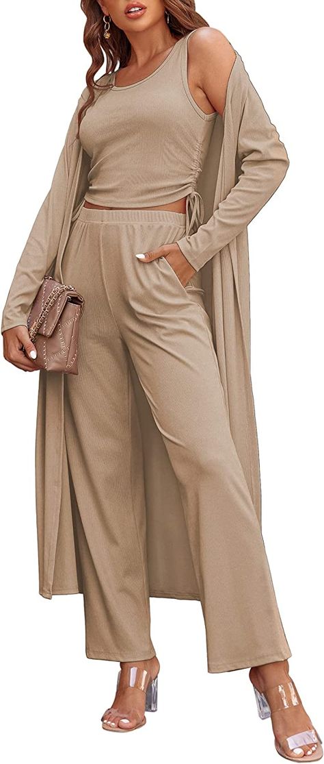 Ekouaer Womens Pajama Set 3 Piece Lounge Set Drawstring Side Tank Top Long Pant Tracksuit Sweatsuit S-XXL Jumpsuit And Cardigan, Knit Lounge Set, Elastic Pants, Lounge Outfit, Maxi Dress Cocktail, Pants With Pockets, Casual Cardigans, Womens Pyjama Sets, Sweaters And Leggings