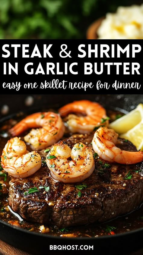 If you're craving a delicious steak and shrimp dinner, this Garlic Butter Steak and Shrimp recipe is your go-to! With juicy steak, tender shrimp, and a rich garlic herb butter, it’s the perfect dish for date night or a special meal. Save this pin for later and click through for a mouthwatering surf-and-turf dinner idea. Steak And Shrimp Dinner Ideas, Recipes Sirloin Steak, Garlic Herb Butter Steak, Steak And Shrimp Dinner, Steak Meal Ideas, Herb Butter Steak, Steak And Shrimp Recipes, Steak With Shrimp, Best Steak Dinner