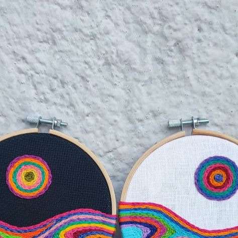 Embroidery by Anna Vida on Instagram: "Aaaand landscape #3 and #4 is here too, yaay 🌈  Which one do you prefer? Black or white?   Ever since I started embroidery, I always covered the whole fabric, always, and for the first time I decided to leave some space free. This was also the first time that I finished something on black fabric 👌  These pieces will be available in my webshop from Saturday 🥰🥳  .  .  .  .   #embroidery #landscapeembroidery #embroiderylandscape #colorfulart #colourfulart #colourfulhome #colourfulhomevibe #eclecticdecor #eclecticart #eclecticembroidery #psychedelic #psychedelicart #trippyembroidery #psychedelicembroidery #trippy #groovy #groovyart #colorfulembroidery  #hoopartembroidery #rainbowhome #needlepoint #modernneedlepoint  #fiberart #textileart #modernembroi Abstract Embroidery, Eclectic Art, Embroidery Hoop Art, Eclectic Decor, Textile Art, Black Fabric, I Decided, House Colors, Colorful Art