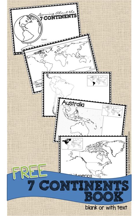 FREE Printable Continents book for kids perfect for geography for homeschool, kindergarten, 1st grade, 2nd grade, 3rd grade, 4th grade, 5th grade - includes both blank maps and labeled maps Movie 43, Montessori Geography, 3rd Grade Social Studies, Geography Activities, Geography For Kids, 4th Grade Social Studies, Continents And Oceans, Sistem Solar, Teaching Geography