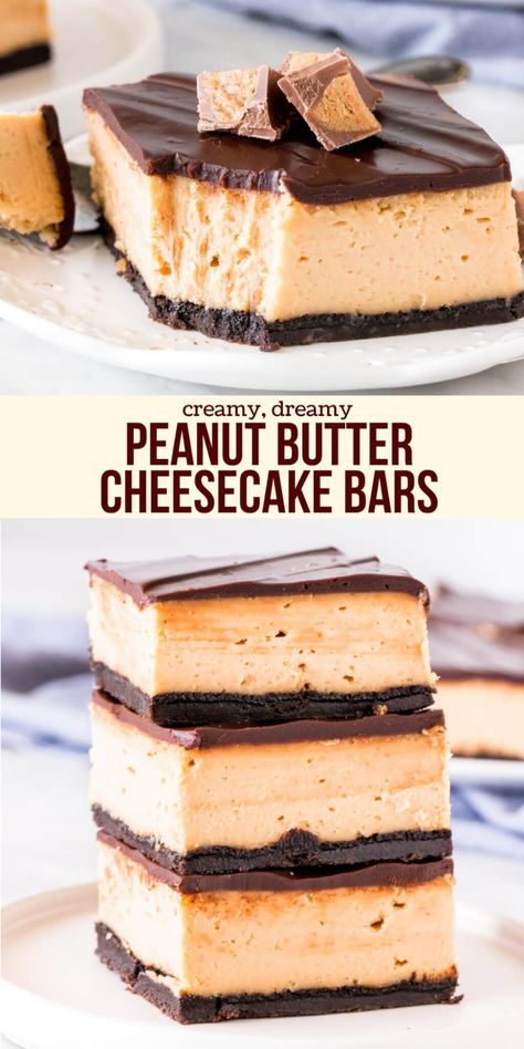 Peanut Butter Cheesecake Bars - creamy peanut butter cheesecake, a crunchy Oreo cookie crust, and a chocolate ganache topping make this the perfect peanut butter treat. I'm sharing all my tricks for the perfect peanut butter cheesecake.  #peanutbutter #cheesecake #chocolatepeanutbutter #bars #oreo #cookiecrust #recipe #dessert from Just So Tasty Peanut Butter Cheesecake Bars, Cheesecake Squares, Oreo Cookie Crust, Oreo Crust, Peanut Butter Cheesecake, Peanut Butter Desserts, Cream Cheese Cookies, Cheesecake Filling, No Bake Bars