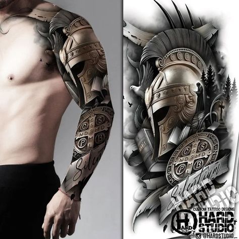 #warrior #warriortattoo #warriorink #helmet #helmettatoo #helmetink #locket #lockettattoo #locketink #jesus #jesustattoo #jesusink #religion #religionink #religiontattoo #forest #foresttattoo #forestink #tattoodesign #hardstudio #nordicink #spartacus #spartan #spartanink Spartan Tattoo Ideas For Men, Spartan Helmet Tattoo, Shoulder Armor Tattoo, Warrior Tattoo Sleeve, Family Tattoos For Men, Shield Tattoo, Gladiator Tattoo, Tiger Tattoo Sleeve, Helmet Tattoo