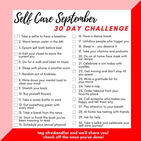 It's self care September so let's do a challenge together. Excited to witness your 30 days of self care. Take pictures of your progress & tag us so we can share you. Share your daily challenges on social media to create accountability for yourself and to inspire your friends to join you by starting their own self love journeys. Make sure to use the hashtag #fredandfar and tag us on Instagram so we can root you on every step of the way. #selfcareseptember #30daychallenge #selflovechallenge September 2023 Challenge, Fun Diet Challenges, September Daily Challenge, 30 Day September Challenge, September Glow Up Challenge, September 30 Day Challenge, September Instagram Challenge, Monthly Self Care Challenge, September Self Care Calendar