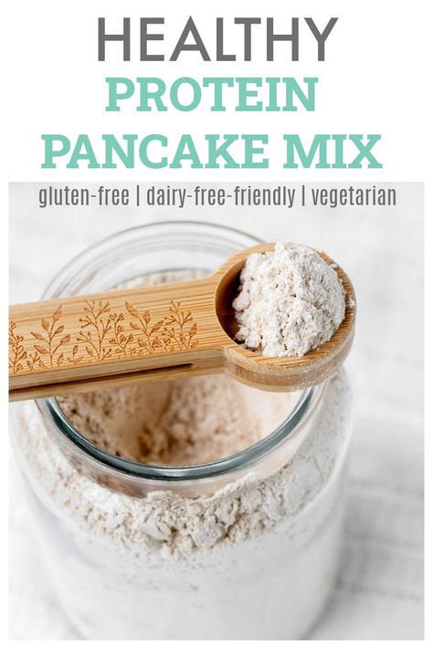 Get a head start on breakfast by preparing this homemade protein pancake mix recipe. When blended together with a few simple ingredients, the end result is delicious and fluffy protein-packed pancakes! A satisfying and healthy breakfast has never been easier! {Gluten-free, dairy-free-friendly & no added sugar} Gluten Free Protein Pancakes Recipe, Gf Pancake Mix Recipe, Homemade Protein Pancake Mix Recipe, Homemade Kodiak Pancake Mix Recipes, Protein Pancake Mix Recipe Ideas, Homemade P3 Protein Packs, Diy Protein Pancake Mix Easy, Homemade Protein Pancakes, Protein Pancake Mix Recipes