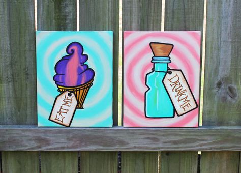 Alice in Wonderland 'Eat Me' 'Drink Me' by FrostedDonutDesigns Alice In Wonderland Canvas Painting Easy, Alice In Wonderland Painting Easy, Alice In Wonderland Painting, Deck Painting, Wonderland Painting, Dyi Painting, Alice In Wonderland Paintings, Wonderland Crafts, Deployment Ideas