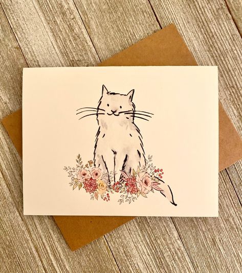 Six pack card set/ Variety card set/Watercolor stationary set/ Happy Birthday/ New Home/Thank You/ Blank card sets/ Cat stationary set Details: In this this listing you will receive the exact cards as shown in the photos. Watercolor greeting card set. A sweet hand drawn cat sitting in a bed of flowers. This watercolor set will be a great addition to your stationary collection. Also makes a great gift for any occasion.   Featured: Each card has a sweet little cat printed on the card, sitting in a bed of flowers. All cards are blank inside for your special message. cards measures 4.4 x 5.5 comes with white or kraft brown envelopes. Any request on these specialty cards please leave a comment in the notes to seller box at check out. Because each card is handmade, slight variations may occur. A Thank You Cards Watercolor Handmade, Cute Cat Cards, Cat Stationary, Cat Birthday Cards, Happy Birthday New, Lovers Watercolor, Watercolor Stationary, Stationary Collection, Cat Greeting Cards