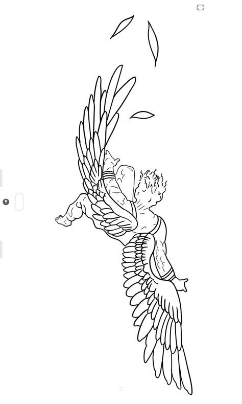 Conquer Tattoo Men, Icarus Tattoo Design Simple, Icarus Falling Tattoo, Icarus Drawing, Hermes Tattoo, Tattoo Real, Icarus Tattoo, Half Sleeve Tattoo Stencils, Fallen Angel Tattoo