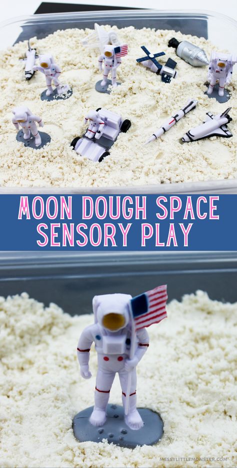 Homemade moon dough recipe. Space sensory play for kids. Space Messy Play Ideas, Moon Dough Recipe, Babies Activities, Space Sensory, Moon Dough, Homemade Moon Sand, Sensory Play Recipes, Space Activity, 2023 Classroom