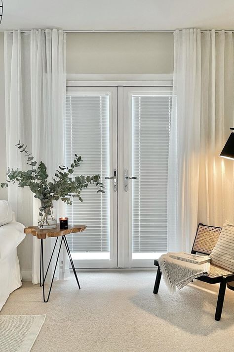 Perfect Fit Blinds French Door Blinds, French Door Coverings, White Curtains Living Room, Blinds For French Doors, Blinds For Windows Living Rooms, Lounge Room Styling, White Blinds, Best Blinds, French Door Curtains