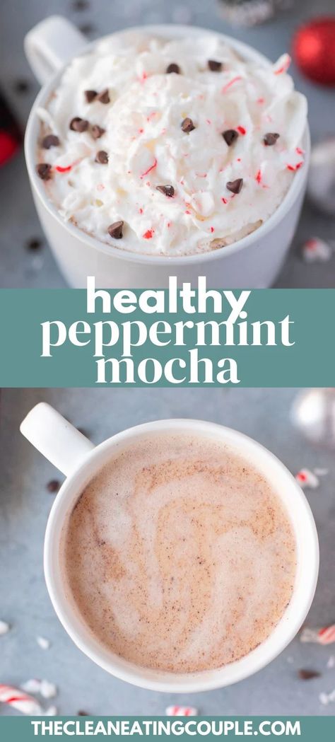 This Healthy Peppermint Mocha is the perfect holiday drink! Requiring only 5 ingredients, it's easy to make, paleo, vegan, and cheaper than Starbucks! You can make this homemade latte with regular milk or keep it dairy free with almond milk. This skinny peppermint mocha has only 58 calories and is sooo delicious! Dairy Free Peppermint Mocha Creamer, Healthy Peppermint Mocha Creamer, Healthy Peppermint Mocha Starbucks, Diy Peppermint Mocha Coffee, Peppermint Mocha Coffee Syrup, Hot Peppermint Mocha Recipe, Homemade Peppermint Creamer, Homemade Peppermint Mocha Coffee Creamer, How To Make A Peppermint Mocha