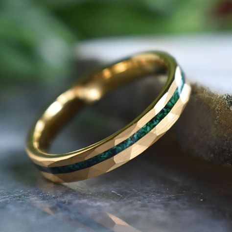 Tungsten 4mm Hammered Gold Ring with Malachite Inlay Unique Engagement Rings For Men, Meaningful Rings, Hammered Gold Ring, Band Ideas, Bling Ring, Druzy Quartz, Pink Morganite, Hammered Gold, Tungsten Ring