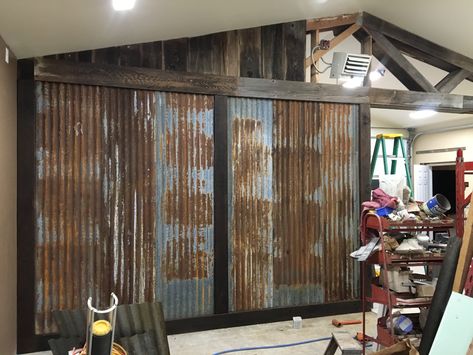 Furniture Garage wall tin and wood Garage With Tin Walls, Rustic Tin Walls, Metal And Wood Walls, Tin Interior Walls, Tin Walls Rustic Kitchen, Corigated Metal Walls Rustic, Tin Walls Rustic, Tin And Wood Walls, Barn Tin Wall