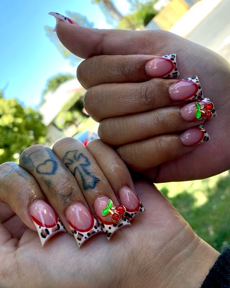 Cheetah print and cherrys😍🍒 . . . Dm to book!💖 @nailed.byjennie #shortnails #ducknails #y2knails #cheetahprintnails #blingnails #frenchnails #nailsnailsnails #nailsofinstagram #fresnonails #fresnonailtech #explorepage Duck Nails Cheetah Print, Duck Nails 90s, Cheetah Short Nails, Cute Short Sets Nails, Cherry And Cheetah Nails, Cheetah Duck Nails, Short Acrylic Nails Duck, Cheetah Print Nails With Cherry, Cheetah Print Duck Nails