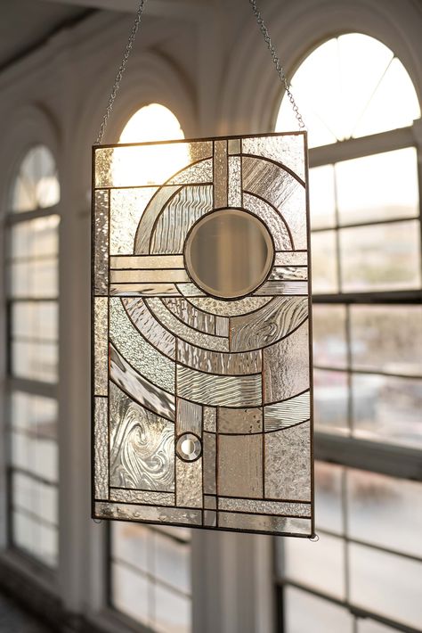 Stained Glass Abstract Panel Beveled Tiffany Style Window | Etsy Stained Glass Rectangle Patterns, Art Deco Glass Window, Large Stained Glass Window, Art Deco Stained Glass Designs, Steampunk Zentangle, Abstract Stained Glass Designs, Frank Lloyd Wright Stained Glass Pattern, Stained Glass Modern, Stained Glass Art Deco