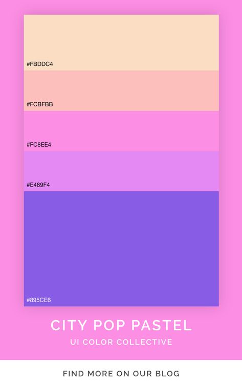 pastel color palette inspired by soft pastel city pop artworks and designs. find more color palettes like this on the UI Color Collective blog. Pop Up Color Palette, Lo Fi Color Palette, Hyper Pop Color Palette, Cool Pastel Color Palette, City Pop Color Palette, Synthwave Color Palette, Lofi Color Palette, Japan Color Palette, City Pop Poster