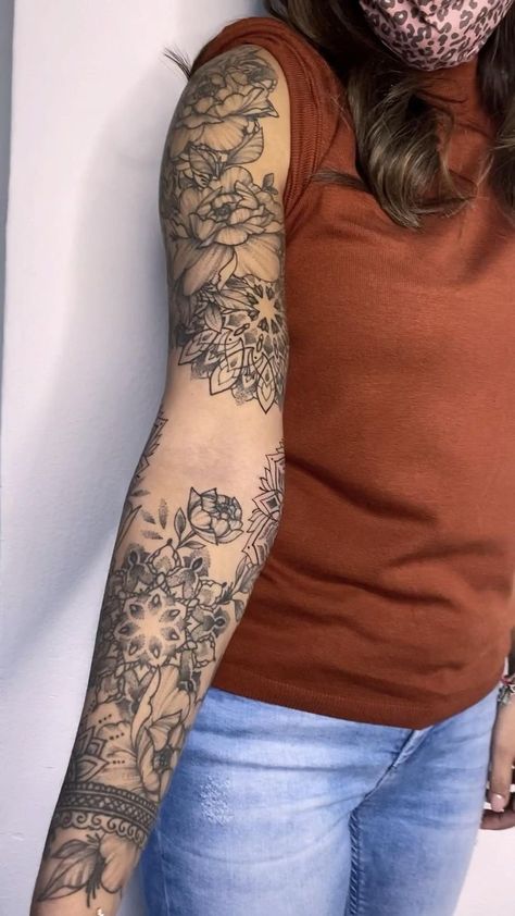 Full Sleeve Mandala Tattoos Women, Peonies And Mandala Tattoo, Negative Space Mandala Tattoo, Floral And Mandala Tattoo Sleeve, Mandala Flower Tattoos Forearm, Flowers And Mandala Tattoo, Mandala Elbow Tattoo Women, Mandala Arm Sleeve, Peony Tattoo Arm