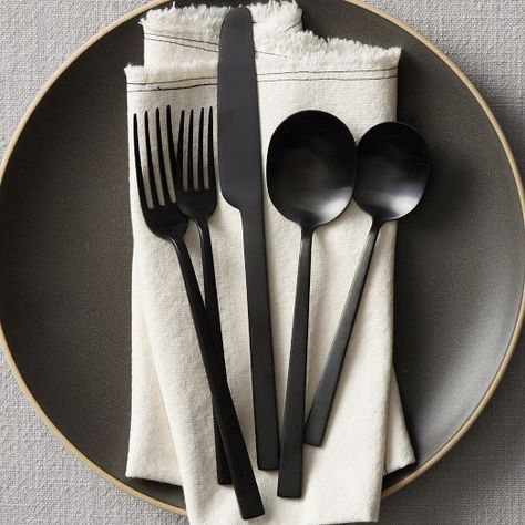 Mirror All Flatware Sets | West Elm Black Utensils, Black Cutlery, Black Flatware, West Elm Kids, Flatware Sets, Stoneware Dinnerware Sets, Stoneware Dinnerware, Dinner Fork, Stainless Steel Flatware