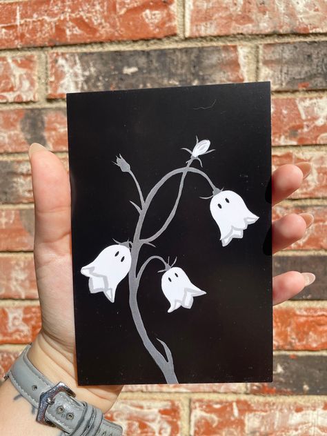 Boo bells print. Ghost Blue bells. Printed on extra heavy card stock in matte. Print size: 4" Width x 6" Height No frame included. Prints of original art that was hand drawn and painted using gouache paint.  Check out my Instagram @studiojazminart Ghost Under Street Light Painting, Halloween Small Paintings, Spooky Paint Night Ideas, Fall Art Painting Canvases, Black And White Painted Pumpkins, Cute Spooky Paintings Easy, Halloween Themed Paintings On Canvas, Halloween Paintings On Canvas Easy Kids, Easy Ghost Painting Canvas