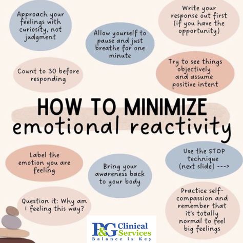 If your reactiveness if causing major issues, it may help to work through them with a professional. Therapists can also help you start making changes so you are less of a servant to your moods and will learn tools to master them #pgclinical #emotionalreactivity Big Feelings, Therapy Quotes, Mental Health Facts, Mental Health Therapy, Mental Health Counseling, Writing Therapy, Therapy Counseling, Counseling Resources, Emotional Awareness