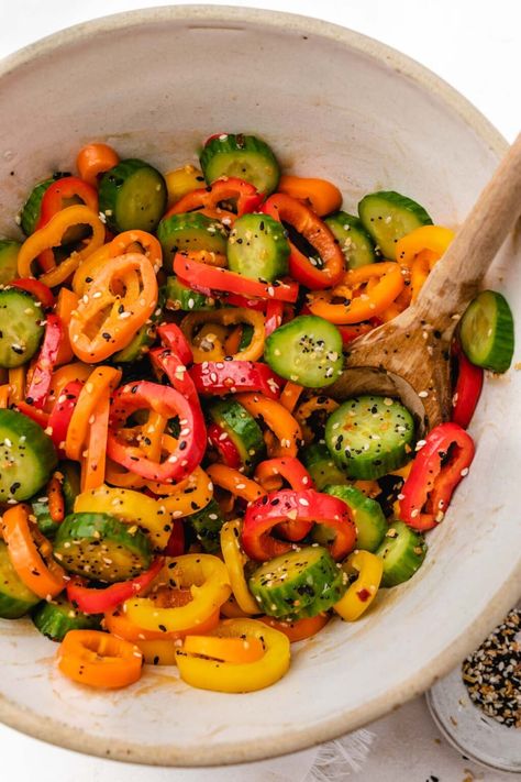 Viral TikTok Cucumber & Bell Pepper Salad | Healthy Little Peach Tiktok Cucumber, Healthy Little Peach, Japanese Cucumber Salad, Salade Healthy, Bell Pepper Salad, Japanese Cucumber, Pepper Salad, Stuffed Pepper, Salad Healthy