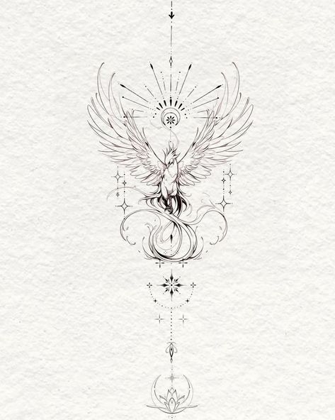 Phoenix Design Tattoo, Disney Meaningful Tattoos, Upper Arm Nature Tattoos For Women, Ornamental Phoenix Tattoo, Beautiful Fine Line Tattoos, Phenoix Tattoos Back, Fineline Phoenix Tattoo, Phoenix Spine Tattoos For Women, Phoenix Sternum Tattoo Women