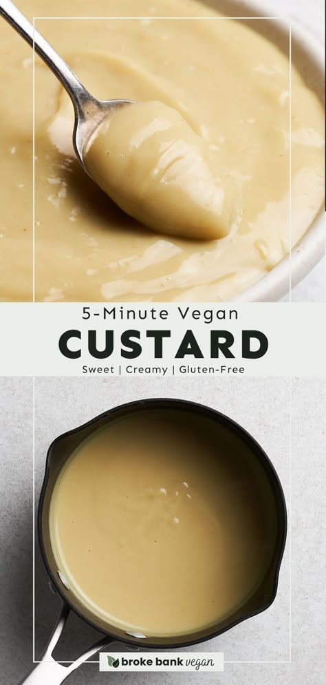 This vegan custard is made with just 5 pantry staples and is ready in 5 minutes! It’s perfectly sweet, ultra-creamy, and so versatile. Serve it as-is, use it to fill donuts, incorporate it into fruit tarts, and much more. Plus, it’s easy to customize! #vegancustard #vegandesserts #glutenfreerecipes Vegan Coconut Milk Dessert, Vegan Vanilla Custard, Vegan Desserts Easy, Quick Vegan Desserts, Dairy Free Custard, Vegan Custard, Healthy Vegan Dinner Recipes, Sweet Sauces, Vegan Pudding