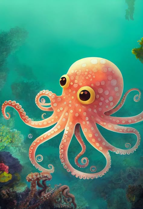 Cute Octopus in Coral Reef. This art design has colorful anime style. This is great gift for a person that loves Octopus, colorful fish or coral reefs. Octopus Art Drawing, Octopus Colorful, Coral Painting, Colorful Anime, Octopus Drawing, Octopus Illustration, Octopus Painting, Animal Illustration Art, Octopus Design