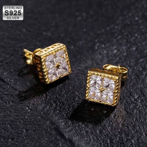 Mens Diamond Stud Earrings, Mens Diamond Earrings, Studs For Men, Gold Earrings For Men, Urban Jewelry, Stud Earrings For Men, Earrings For Men, Punk Jewelry, Princess Cut Diamond