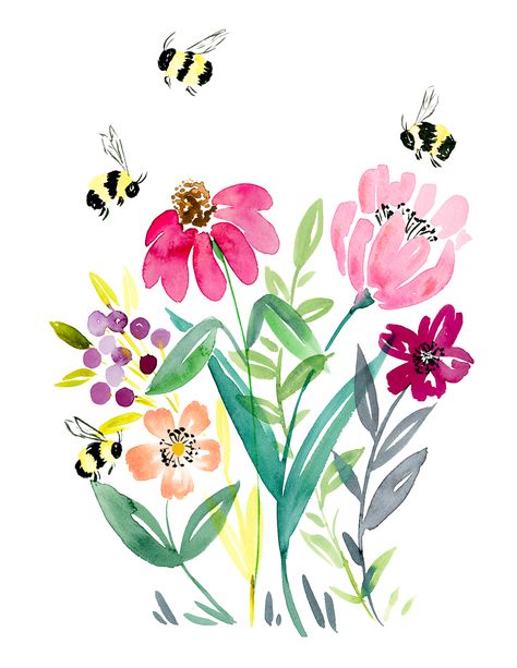 Free Printable - Bumble Bee Floral Watercolor - TINSELBOX Bumble Bee, Floral Watercolor, Watercolor Painting, Free Printable, Bee, Art Painting, California, Paintings, Floral