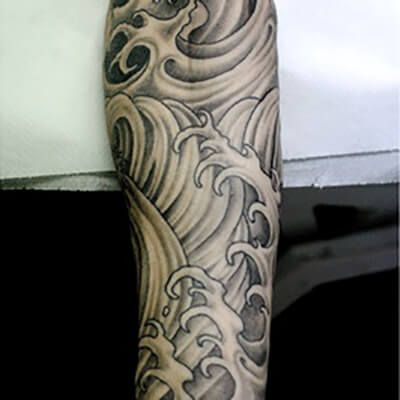 Waves Sleeve Tattoo Gap Filler Wave Tattoo Filler, Water Tattoo Filler, Water Filler Tattoo, Wave Filler Tattoo, Tattoo Sleeve Gap Fillers, Light Sleeve Tattoo, Waves Sleeve Tattoo, Fill In Tattoo Ideas Sleeve Backgrounds, Black And White Tattoo Sleeve