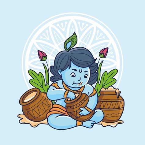 Cartoon illustration of baby krishna eat... | Free Vector #Freepik #freevector #cartoon #event #religion #illustrations Cute God Pics, Kanha Illustration, Radha Krishna Cartoon Drawing, God Illustrations Krishna, Krishna Illustration Art, Krishna Cute Drawing, Baby Krishna Painting, Baby Krishna Drawing, Little Krishna Cartoon