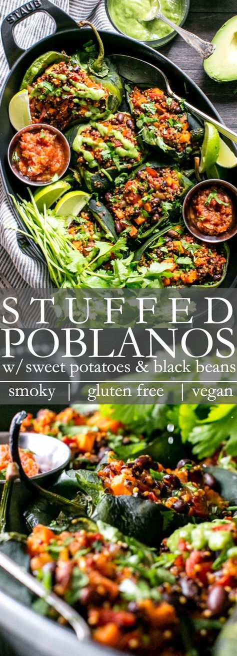 A flavor packed Mexican quinoa recipe, Roasted Stuffed Poblanos with Smoky Quinoa Sweet Potatoes and Black Beans are hearty, nourishing and packed with warming spices. These vegetarian stuffed peppers pair deliciously with avocado cream for dippin’ or slatherin’. #HealthyStuffedPeppers #VegetarianStuffedPeppers #VeganStuffedPeppers #VeganDinner (ad) Sweet Potatoes And Black Beans, Stuffed Poblanos, Vegetarian Stuffed Peppers, Quinoa Sweet Potato, Mexican Flavors, Mexican Quinoa, Healty Dinner, Chile Poblano, Quinoa Recipe