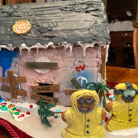 Check out the best and brightest funny gingerbread houses here—from Halloween themes to a Schitt's Creek motel remake. Feast your eyes on this Breaking Bad Gingerbread House, where gingerbread Jesse Pinkman steals the show. Home Alone Gingerbread House Ideas, Breaking Bad Gingerbread House, Movie Theme Gingerbread House, Whoville Gingerbread House Ideas, Gingerbread House Funny Ideas, Gingerbread House Themes Funny, Weird Gingerbread Houses, Shrek Gingerbread House, Bad Gingerbread House