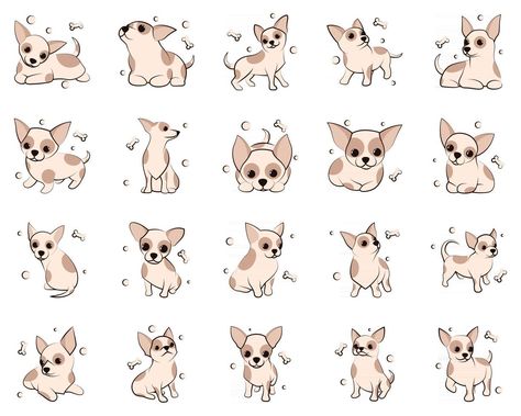 Cute Cartoon Vector Illustration icon set of Chihuahua puppy dogs. It is flat design. Chihuahua Drawing, Chihuahua Art, Chihuahua Puppy, Chihuahua Puppies, Puppy Dogs, Cartoon Dog, Flat Design, Icon Set, Chihuahua