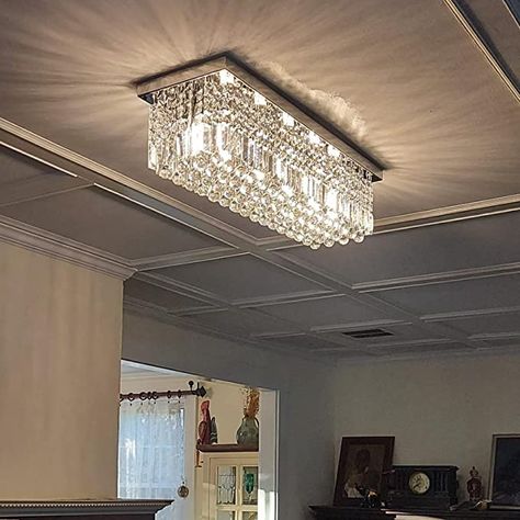 Rectangular Crystal Chandelier, Flush Mount Rectangular Lighting, Flush Chandelier Living Room, Small Chandelier Dining, Rectangle Chandelier Dining Room, Rectangular Chandelier Dining Rooms, Flush Mount Chandeliers, Flush Chandelier, Pvc Ceiling Design