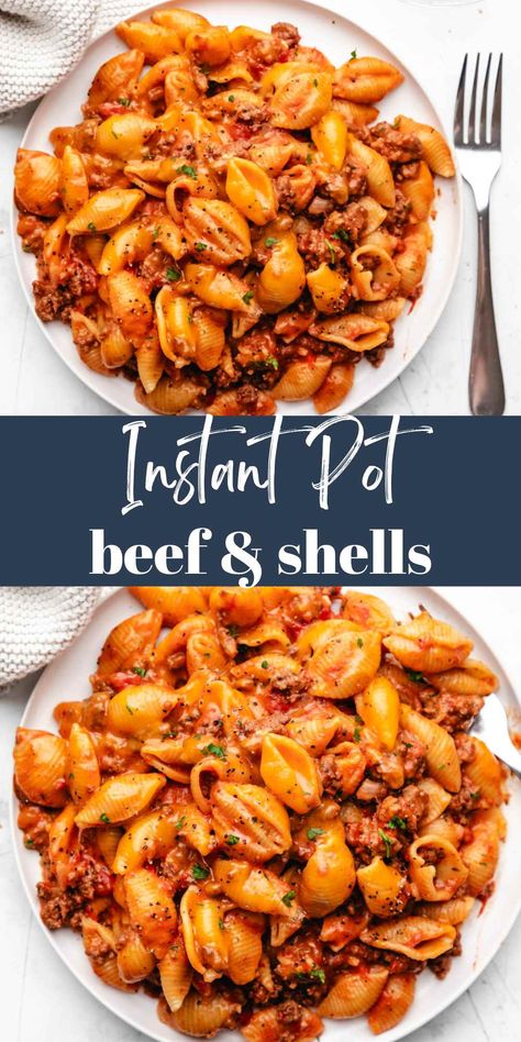 Easy Instant Pot Beef and Shells recipe! This easy, one-pot recipe turns ground beef and pasta into a creamy, cheesy dinner! 6qt Instant Pot Recipes, Southern Instant Pot Recipes, Instant Pot Meals Families, Instapot Pasta Recipes, Easy Instant Pot Recipes For Beginners, Install Recipes, Instant Pot Recipes Beef, Creamy Shells And Beef, Instapot Ideas