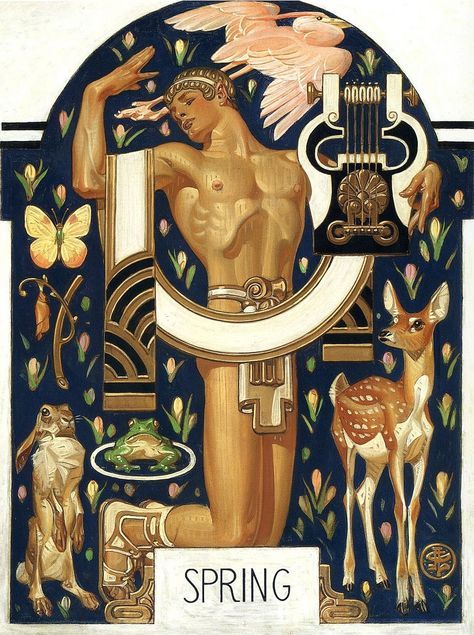 This gorgeous Art-Deco style illustration by J C Leyendecker from 1929 shows Spring represented as a Greek god. J.c Leyendecker, Arte Art Deco, Jc Leyendecker, Graphisches Design, Arte Inspo, Estilo Art Deco, Poster Retro, Art And Illustration, Gay Art