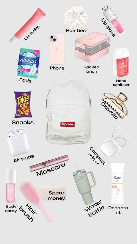 Stuff to put in your school bag 💗🎀 What To Pack In Your Backpack For School, Things To Put In School Bag, Lunches To Bring To School, Stuff To Put In Your Backpack For School, School Bag Essentials For Teens, What To Put In Your Bag, What To Have In Your Bag For School, School Stuff Aesthetic, What To Pack In Your School Bag