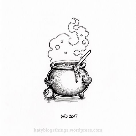 Small Cauldron Tattoo, Witches Couldren Drawings, Cute Cauldron Drawing, Spooky Candle Drawing, Halloween Cauldron Drawing, Halloween Pen Drawings, Halloween Ink Drawings, Cauldron Drawing Simple, Witches Cauldron Drawing