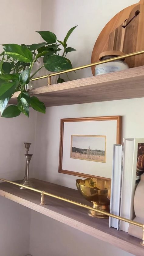 Floating Shelves With Gold Brackets, Vintage Brass Shelf Rail, Gold Shelves Kitchen, Oak Shelves Brass Brackets, Open Shelves With Brass Rail, Shelves With Brass Railing, Gold Shelf Brackets Kitchen, Shelves With Brackets Living Room, Long Shelves On Wall Kitchen