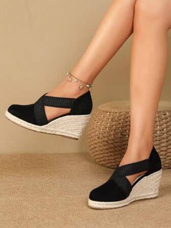 Women Color Block Metal Decor Espadrille Wedge Shoes, Vacation Faux Suede Ankle Strap Wedge Shoes | SHEIN USA Puma Shoes Women, Trendy Wedges, Women Wedges, Black Wedge Shoes, Chic Heels, Wedge Espadrilles, Ankle Strap Wedges, Espadrille Sandals, Pumas Shoes